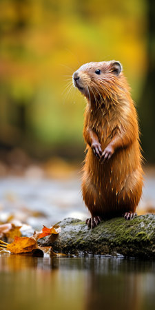 Curious Beaver Standing Alert on a Rock by the River with Autumn Leaves, Wildlife Photography.の素材