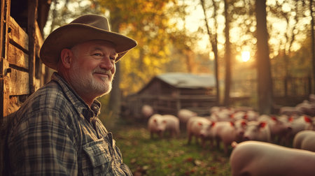 Golden Hour Farmer Peaceful Contemplation At Pig Pen As Sunset Approaches In Autumn.の素材