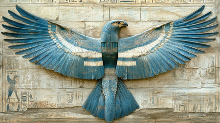 Ancient Egyptian Relief Carving of Horus Symbol of Pharaoh and Protection, History, and Cultureの素材