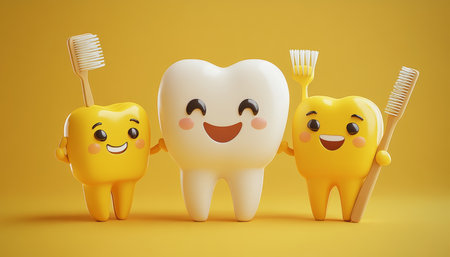 Happy Tooth Family with Toothbrushes on Vibrant Yellow Background A 3D Render for Dental Hygieneの素材