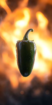 Isolated Jalapeo Pepper Floating in Fiery Inferno, Detailed Macro Photography, Vibrant Colorの素材