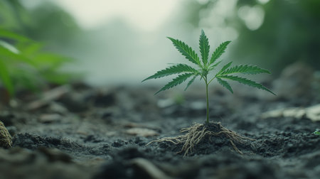 New Life in the Soil A Young Cannabis Plant Grows Strong, Establishing Deep Roots in the Ground.の素材