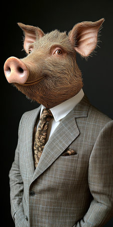 Boar in Business Suit, Anthropomorphic Portrait on Dark Background, Animal Human Blendの素材
