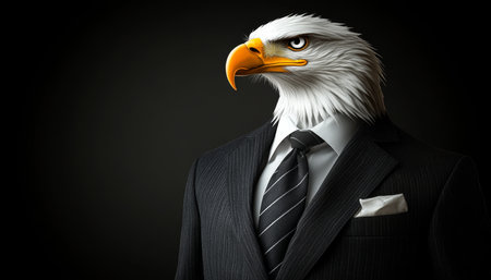 Eagle in Suit, Anthropomorphic Portrait on Dark Background Animal Human Hybrid Conceptの素材