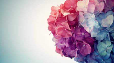 Beautiful Pink, Blue, and Purple Hydrangeas On A Solid Gradient Background With Plenty Of Copy Spaceの素材