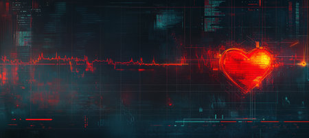 Glowing Red Heart Symbol Over Medical Line Chart and Grid. Healthcare Technology Background.の素材