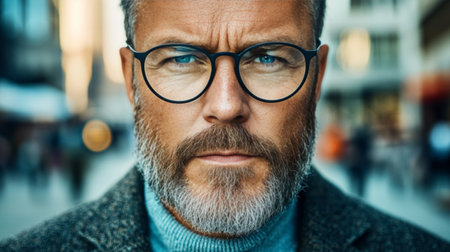 Close-up Portrait, Confident Mature Man, Stylish Glasses, Serious Expression, Modern Fashionの素材