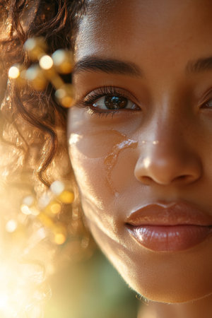 Close-up, Beautiful Young Woman with Glowing Skin and Golden Essence Serum for Skin Hydrationの素材