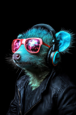 Neon Party Animal Cool DJ Possum Grooves in Headphones and Sunglasses- Isolated on Black Backgroundの素材