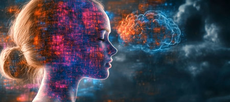 Woman s profile with digital brain concept, blending technology and human thought for innovationの素材