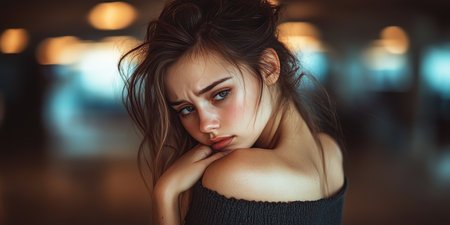 Portrait of a Pensive Young Woman with a Faraway Look, Set Against a Blurred Indoor Backgroundの素材