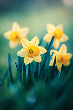 Vibrant Yellow Daffodils in Bloom, Close Up on Green Grass With Blue Sky, Spring Flowersの素材