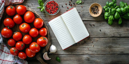 From Garden To Table Culinary Inspiration Awaits In Open Notepad Amidst Fresh Vegetables.の素材