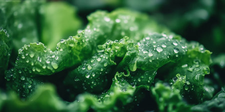 Close-Up of Vibrant Green Lettuce Leaves with Fresh Water Droplets, Organic Garden Backgroundの素材