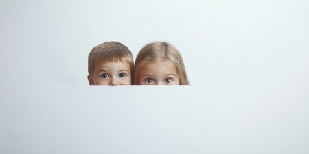 Curious Children Peeking Over White Background Playful Siblings Engage in Hide and Seekの素材