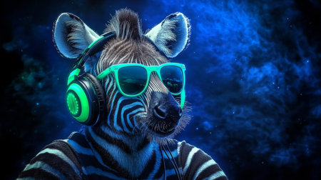 Neon Party Animal Zebra DJ With Headphones and Sunglasses Enjoys Music and Summer Vibesの素材