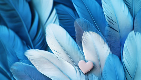 Soft Blue and White Feathers with Heart. Valentine s Day and Love Concept, Background.の素材