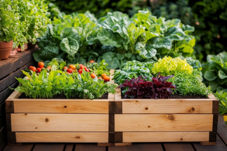 Wooden Raised Bed Vegetable Garden, Organic Gardening Concept, Fresh Produce, Homegrown Foodの素材