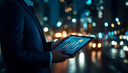 Businessman in Blue Suit Analyzing Rising Bar Graph on Tablet Against City Skyline at Nightの素材