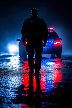 Police Officer At Night With Blurred Patrol Car in Background, Emergency Response Sceneの素材