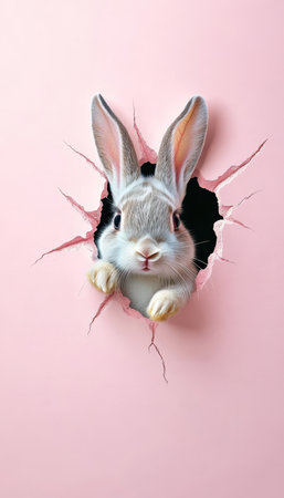 Adorable Bunny Peeking Through Pink Wall, Easter Spring Celebration, Isolated on Pink Backgroundの素材