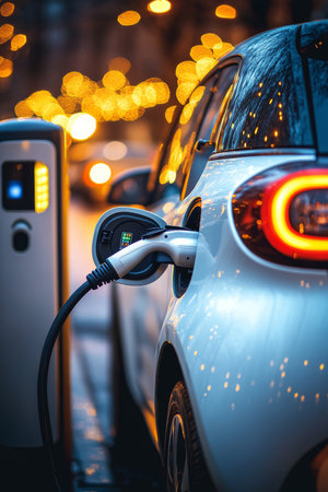 Electric Vehicle Charging at Dusk, City Lights, Clean Energy, Sustainable Transportationの素材