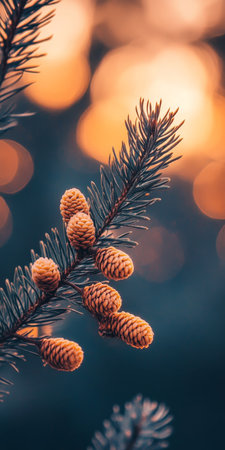 Closeup Of Cedar Tree Branch With Cones Against Warm Colorful Out-Of-Focus Holiday Lightsの素材