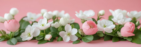 Gentle Springtime Close-Up of Delicate Pink and White Apple Blossoms on a Soft Pink Backgroundの素材