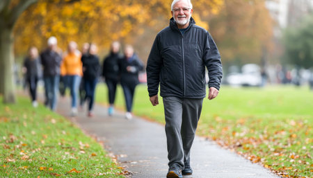 Enjoying Golden Years Active Senior Man Walks in Park with Blurred Groups in Backgroundの素材