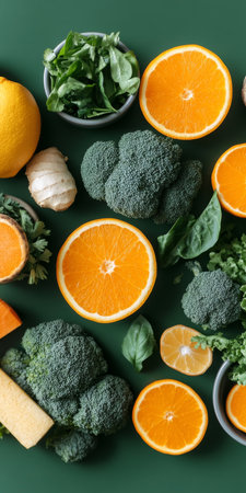 Fresh Citrus Fruits, Broccoli, and Leafy Greens Arranged on a Vibrant Green Backgroundの素材