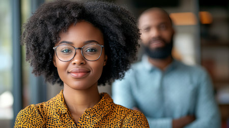 Confident Young Professional Woman, Modern Office, Coworker in Background, Natural Lightの素材