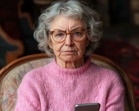 Senior Woman, Conveying Displeasure, Uses a Smartphone A Portrait of Tech Frustrationの素材