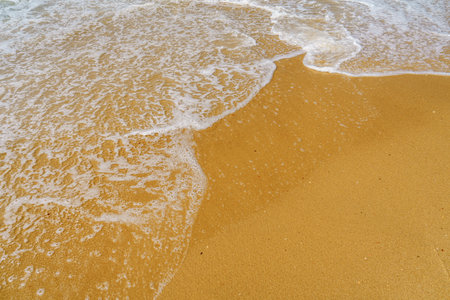 Stunning Beach View with Golden Sand, Gentle Waves, and Clear Blue Sky Perfect for a Relaxing Dayの写真素材