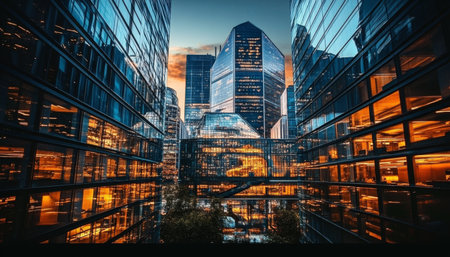 Modern Cityscape Illuminated Offices , Towering Skyscrapers, and Urban Architecture at Sunsetの素材
