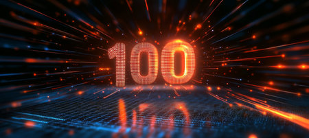 Glowing Digital Big 3D Number 100 On Abstract Blue, Red Background with Flying Sparklers Celebrationの素材