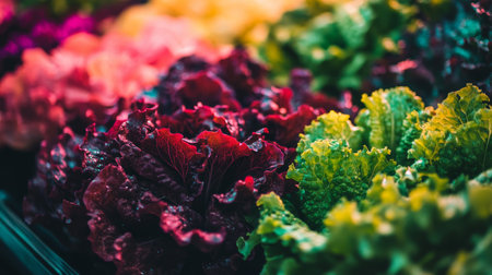 Vibrant Red And Green Lettuce Growing In Rows Under Specialized Grow Lights, Close Upの素材