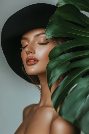 Tropical Beauty. Close Up Portrait of Woman with Monstera Leaf, Natural Skin Texture, Soft Shadows.の素材
