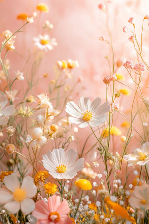 Gentle Wildflowers on a Pastel Background, Floral Illustration, Watercolor Wash Effectの素材