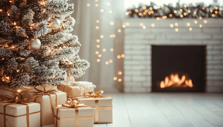 Christmas Gifts Under Tree, Cozy Fireplace, Winter Holidays Magic in Minimalistic Interiorの素材