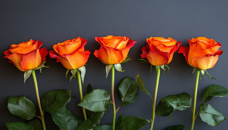 Five Vibrant Orange Roses Arranged in a Row Against a Dark Gray Background With Copy Spaceの素材