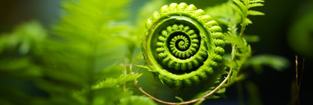 Close-up of Vibrant Green Fern Frond Unfurling, Showcasing the Spiral Beauty of Natureの素材