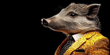Boar in a Yellow Suit A Portrait Against a Dark Background, Blending Animal and Human Traitsの素材