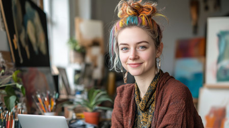 Creative Woman with Colorful Hair Working on Laptop in Art Studio Surrounded by Artworkの素材