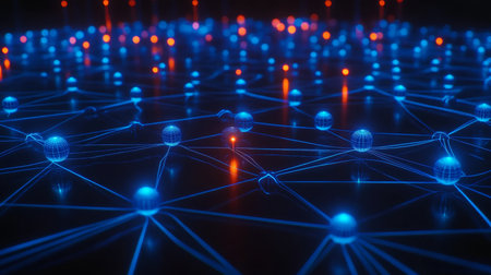 Network of Glowing Blue Nodes, Interconnected with Lines of Energy, Technology and Data Concept.の素材