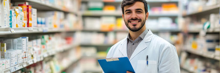 Confident Pharmacist Holding Clipboard, Standing In Front Of Stocked Shelves In A Busy Pharmacyの素材