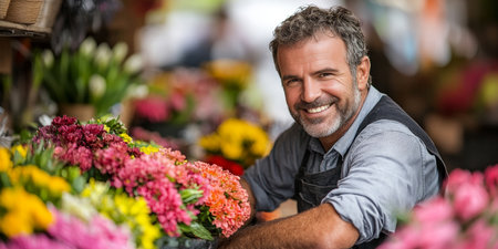 Joyful Florist in Blossom Paradise Owner Amidst Colorful Bouquets, Exuding Passion and Happiness.の素材