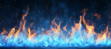 Vivid Blue and Orange Flames On Dark Background, Abstract Fire Texture With Copy Spaceの素材