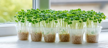 Freshly Grown Fenugreek Sprouts in Transparent Cups, Highlighting Their Nutritional Value.の素材