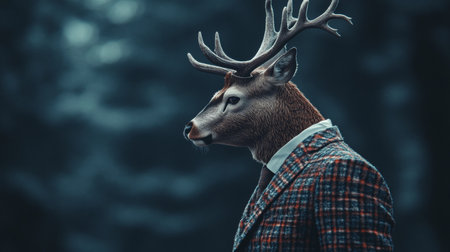 Anthropomorphic Deer in a Suit, Wildlife Art, Eerie Portrait, Animal Human Hybrid, Dark Forestの素材