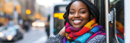 Smiling Woman with Bright Scarf on Public Transportation, Cozy Stylish City Commuteの素材